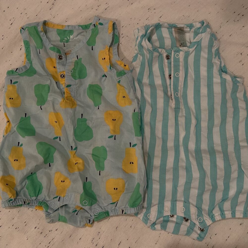 Primary 3-6 months bubble onesies, stripes & pears